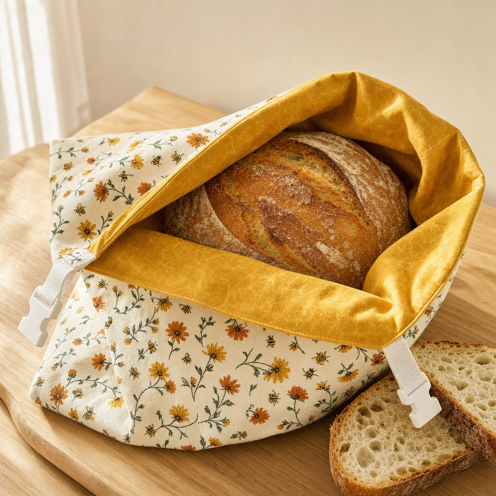 Nooka beeswax bread bag with daisy and bee print and yellow beeswax lining, holding a sourdough loaf