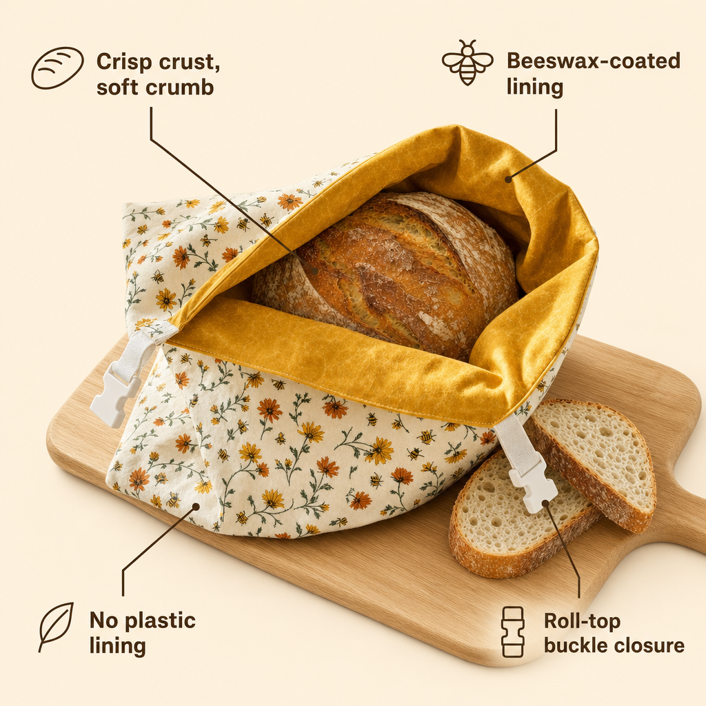 Bread bag with labels: crisp crust, soft crumb; beeswax-coated lining; no plastic lining; roll-top buckle closure