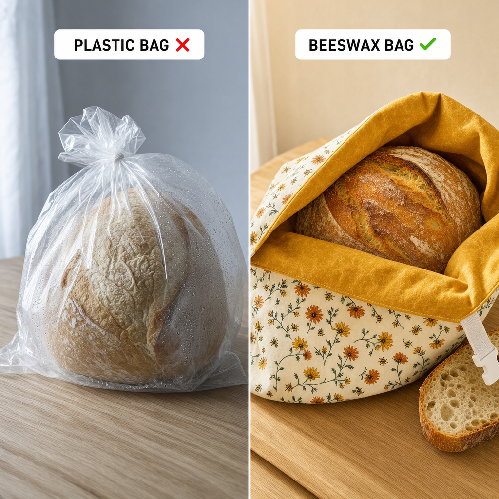 Side by side: sourdough in a fogged plastic bag versus sourdough in the beeswax bread bag