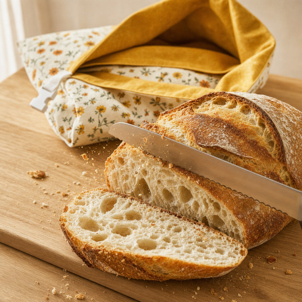 Bread knife slicing a crusty sourdough with the daisy-print bread bag behind it