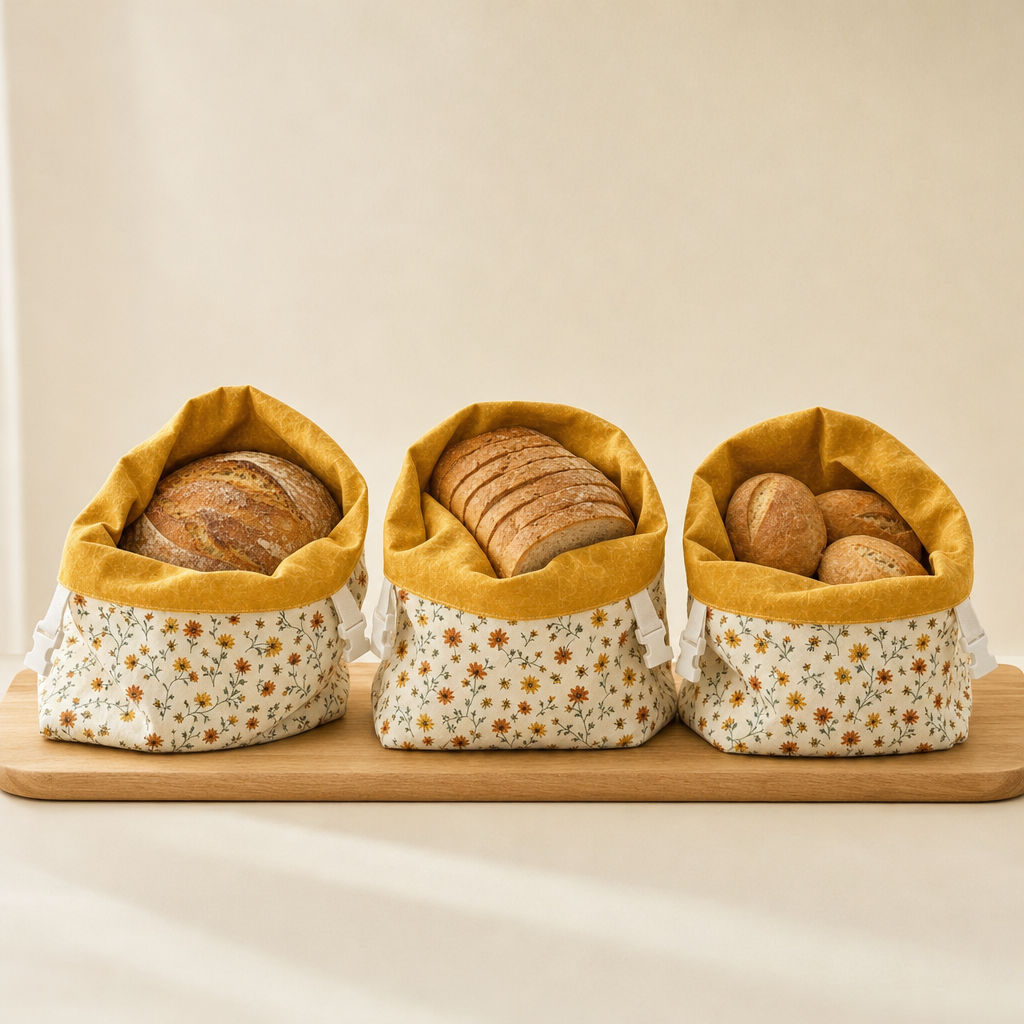 Three daisy-print beeswax bread bags holding a boule, a sliced loaf and rolls