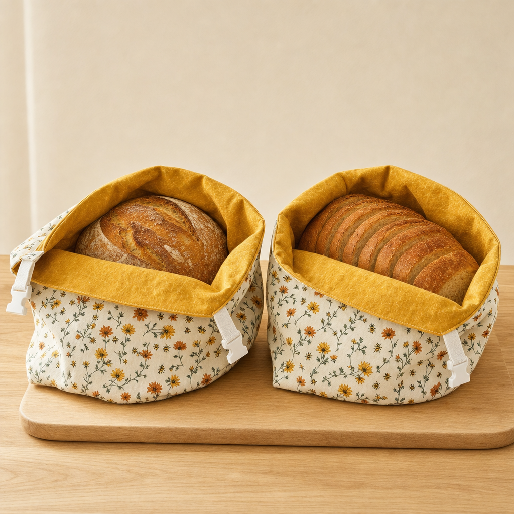 Two daisy-print beeswax bread bags holding a boule and a sliced loaf