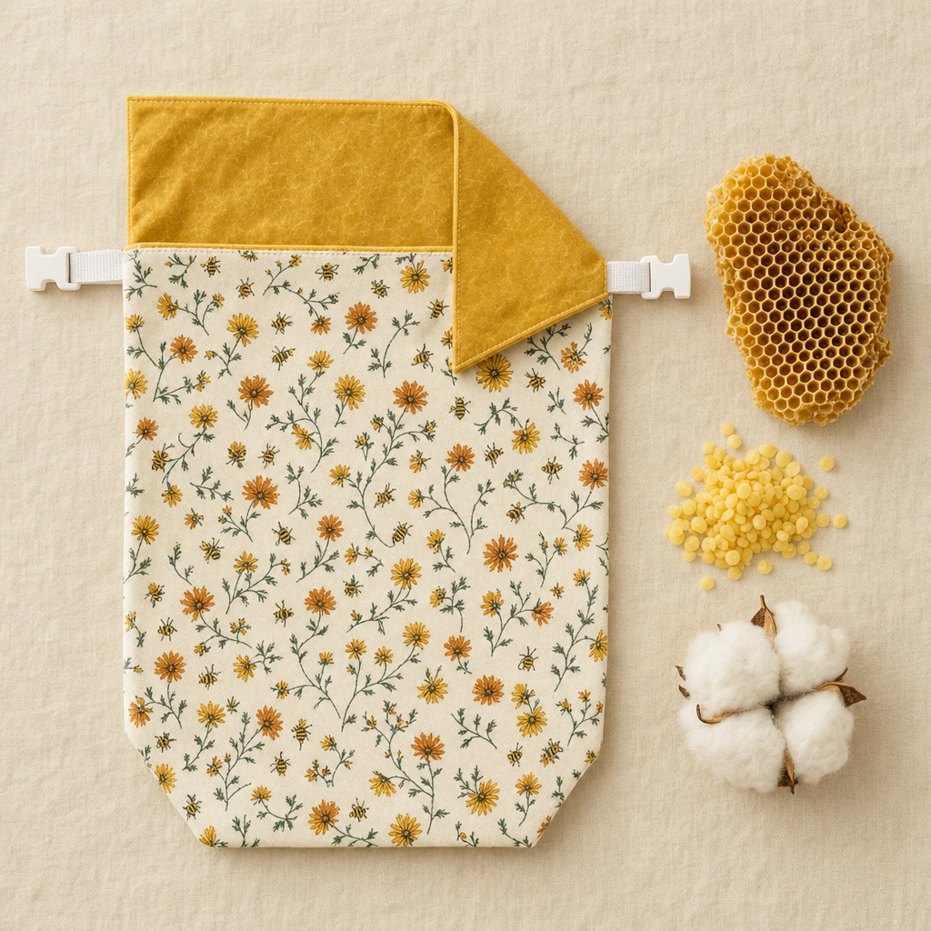 Daisy-print bread bag laid flat with yellow beeswax lining folded back, honeycomb, beeswax pellets and a cotton boll