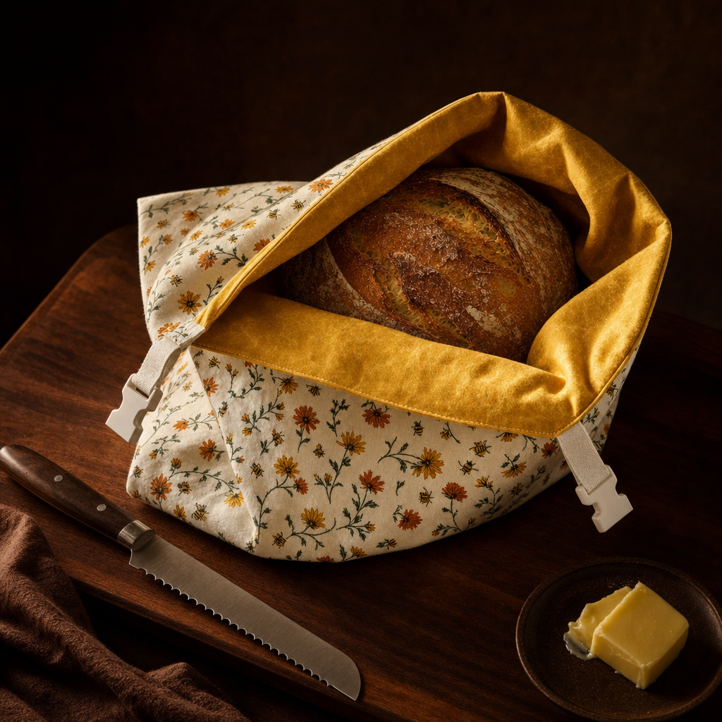 Daisy-print beeswax bread bag with sourdough, butter and a bread knife on a dark walnut board